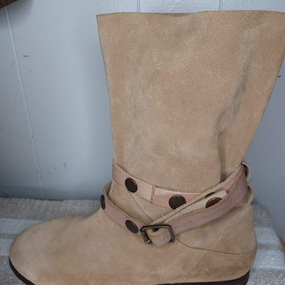 Free People Beige Suede Heeled Boots with Strap Accents NWOT - Picture 2 of 10